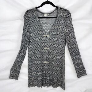 Silver/Black Metallic Lace Knit Cardigan Dressy‎ Button Front Woman M/L? Sheer
